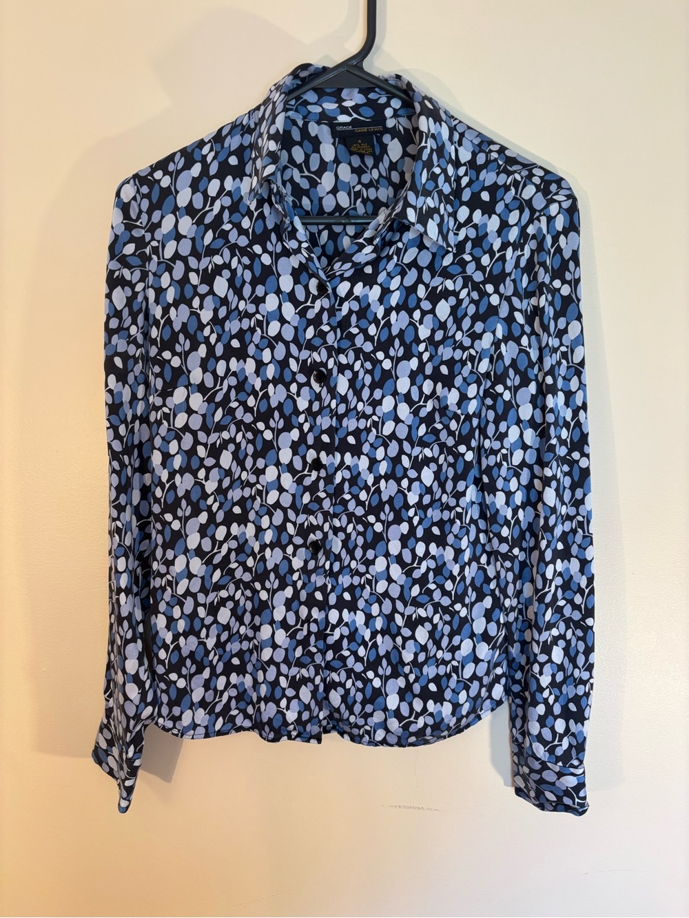 Grace Navy Button-Down Blouse with Light Blue Dot Print